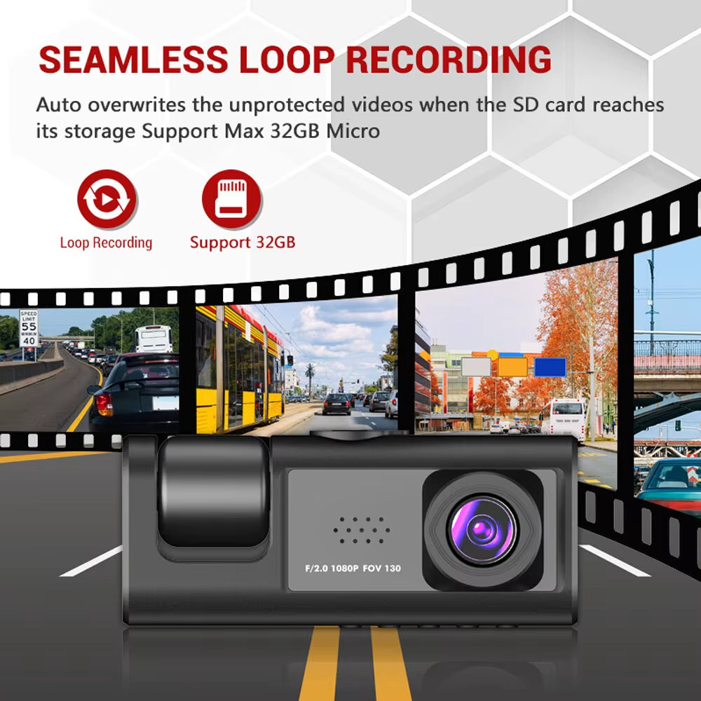 1080P 3-Camera Dash Cam with IR Night Vision & 2" IPS Screen