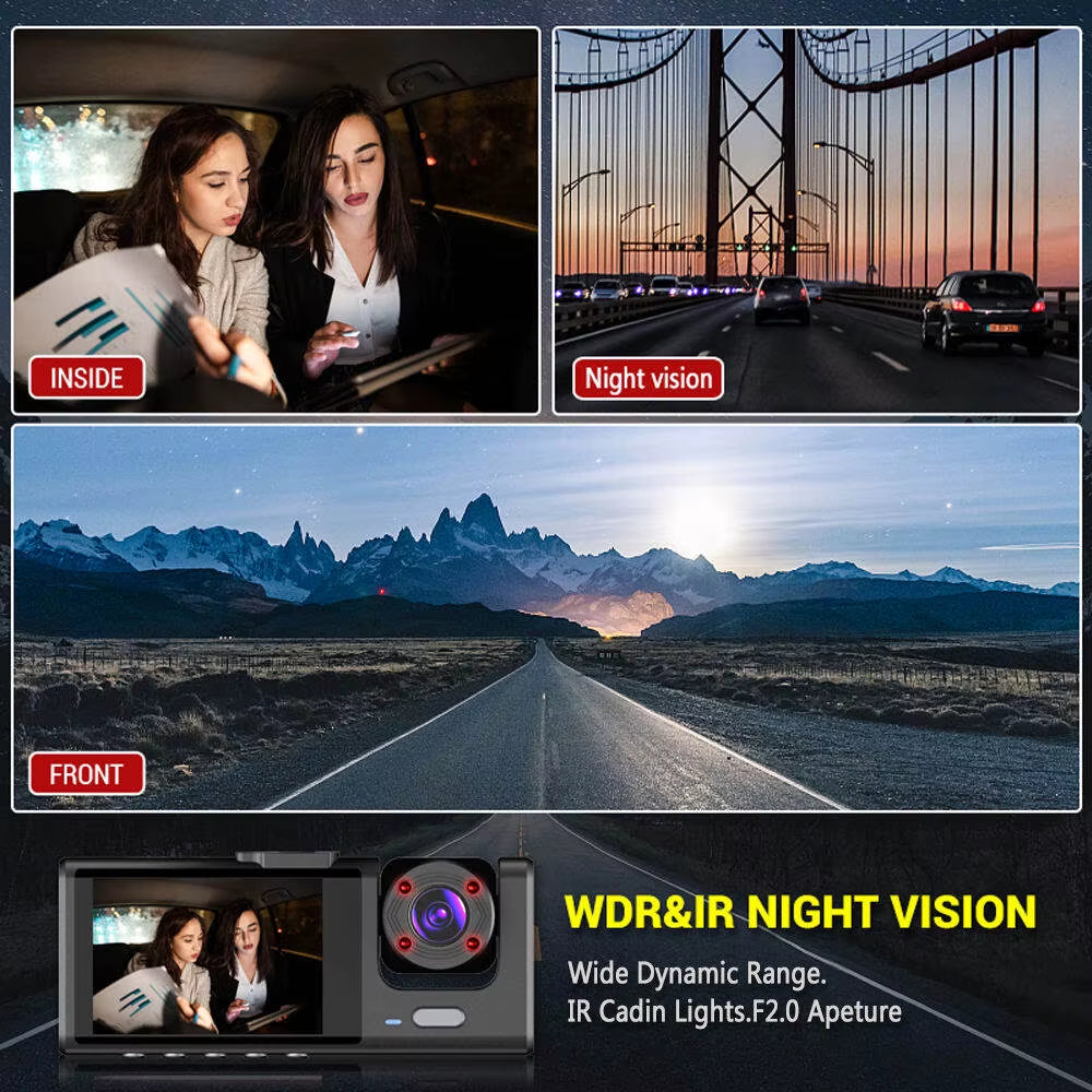 1080P 3-Camera Dash Cam with IR Night Vision & 2" IPS Screen