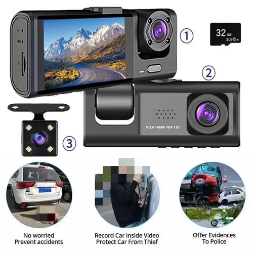 1080P 3-Camera Dash Cam with IR Night Vision & 2" IPS Screen