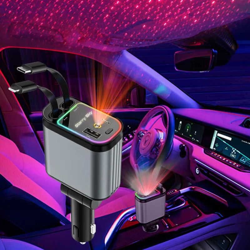 4-in-1 Retractable Universal Car Charger with Starry Sky Spotlight