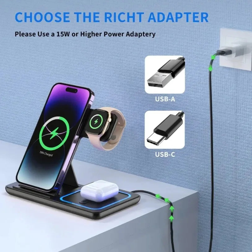 Roll Block | Tri-Fold 3-in-1 Wireless Charging Station - Fast Travel Stand & Desktop Dock