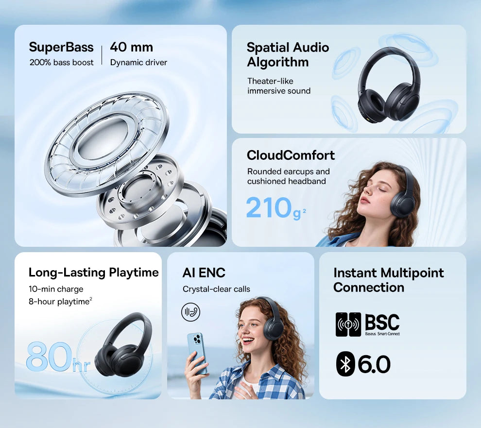 Roll Block | Baseus BH1 Wireless Headphones - 80H Playtime Super Bass Over-Ear Headset