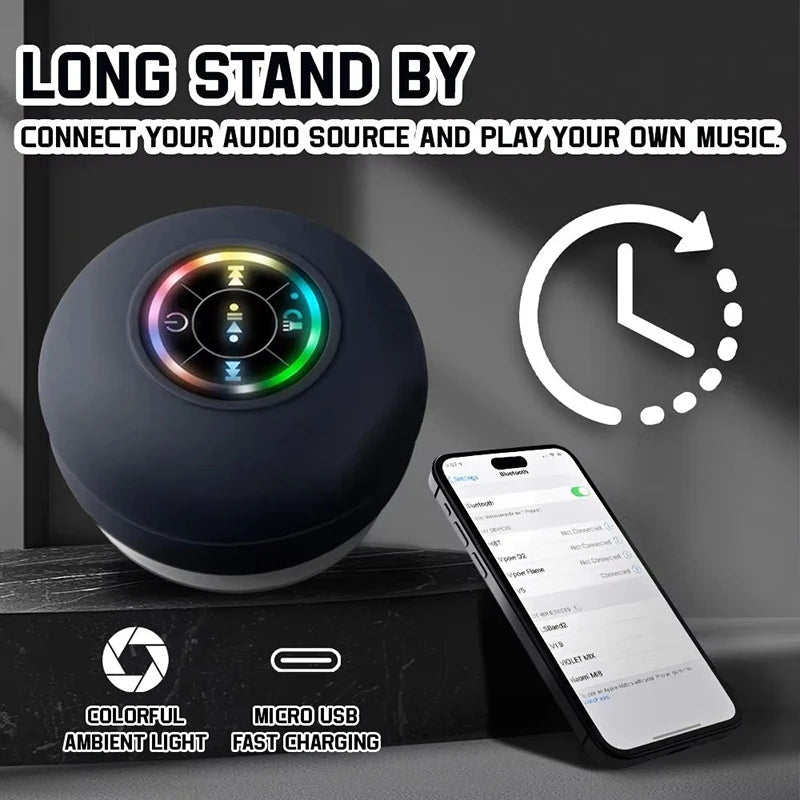 Roll Block | Mini Waterproof Bluetooth Shower Speaker - LED Light Suction Cup Outdoor Sound Box