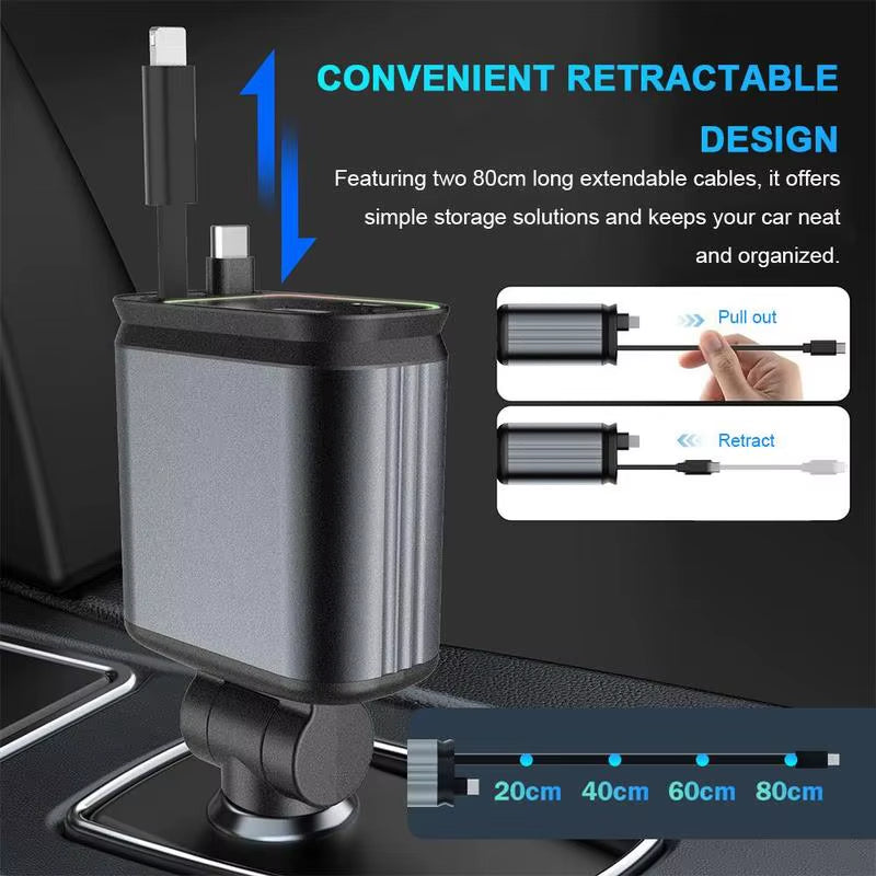 4-in-1 Retractable Universal Car Charger with Starry Sky Spotlight