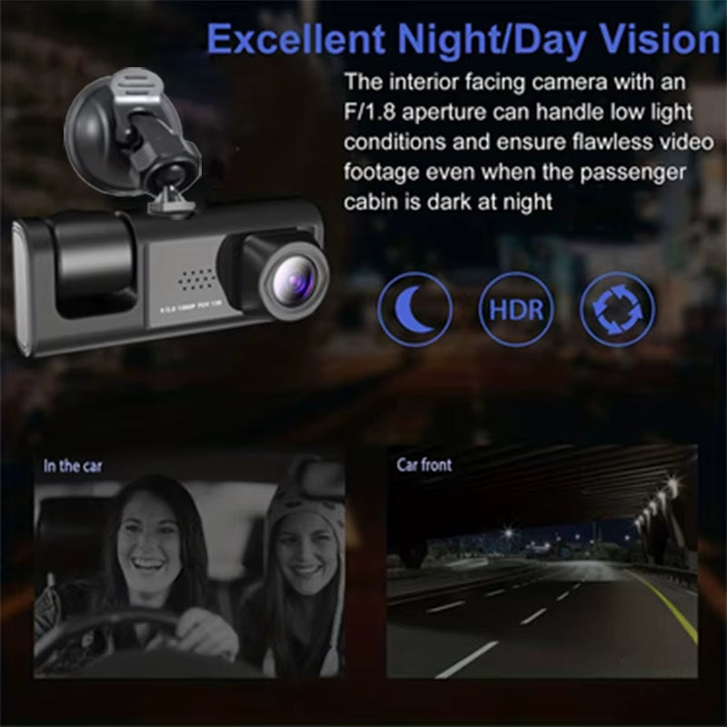 1080P 3-Camera Dash Cam with IR Night Vision & 2" IPS Screen