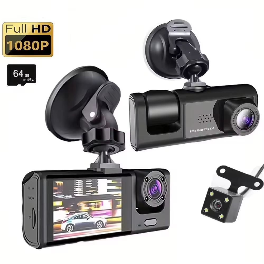 1080P 3-Camera Dash Cam with IR Night Vision & 2" IPS Screen