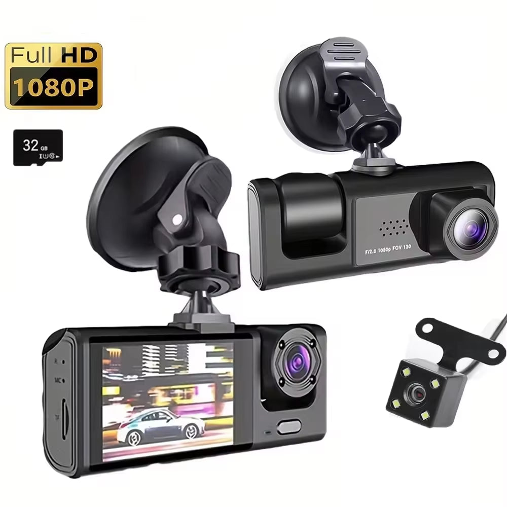 1080P 3-Camera Dash Cam with IR Night Vision & 2" IPS Screen