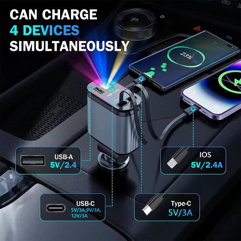 4-in-1 Retractable Universal Car Charger with Starry Sky Spotlight
